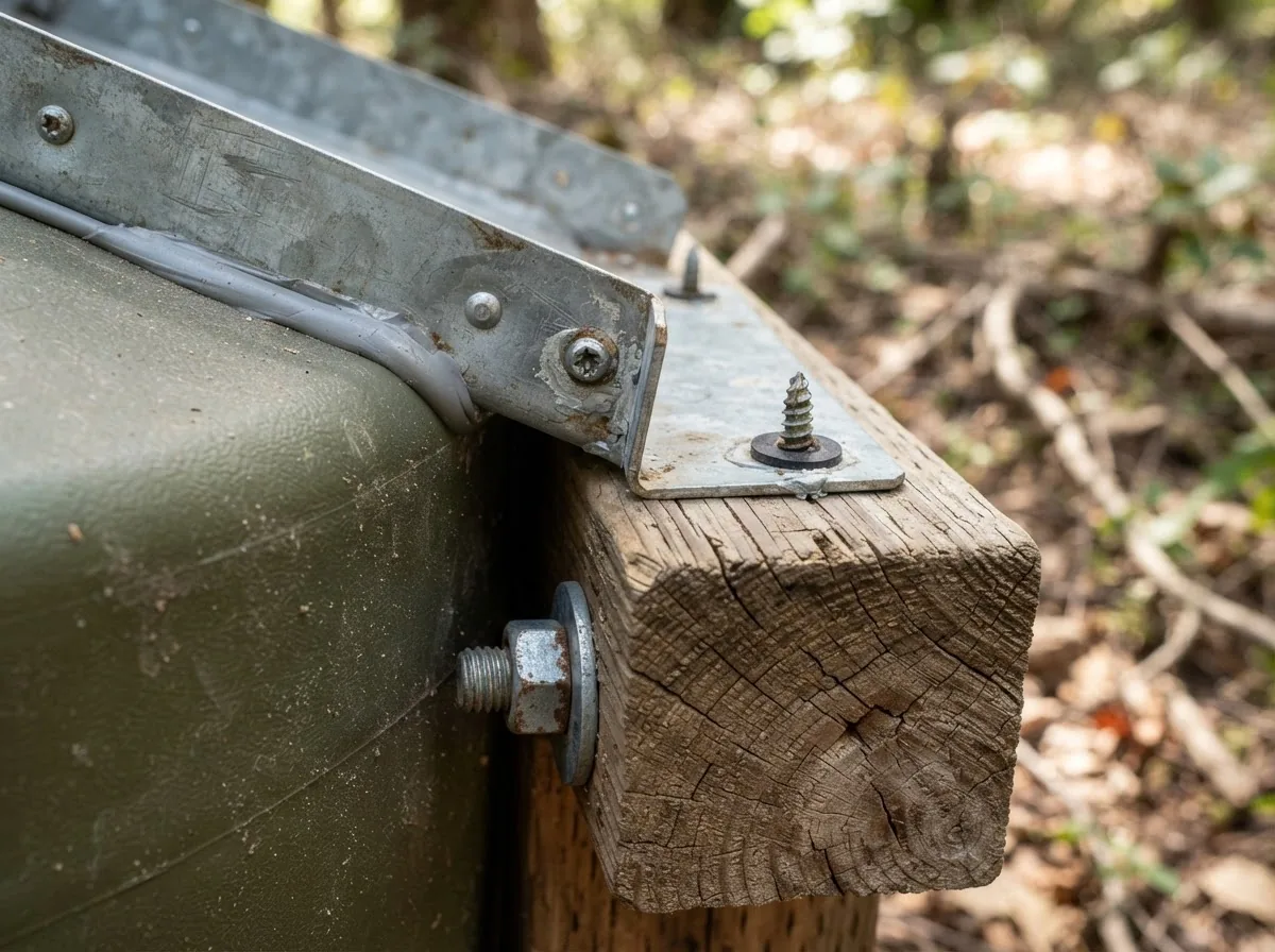 Close-up of the materials and construction of the 300-Gallon Wildlife Rainwater Guzzler System