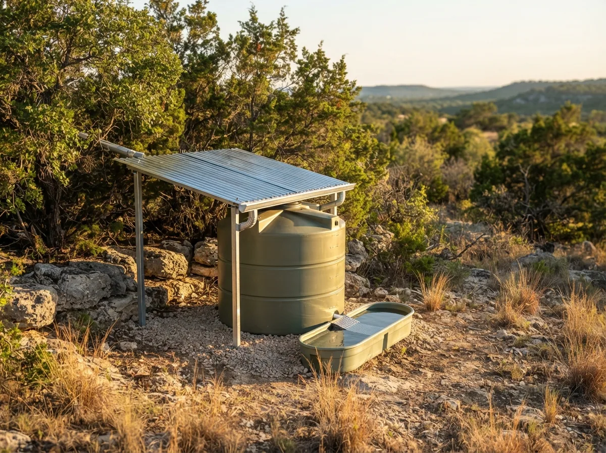 300-Gallon Wildlife Rainwater Guzzler System installed on a Texas Hill Country property
