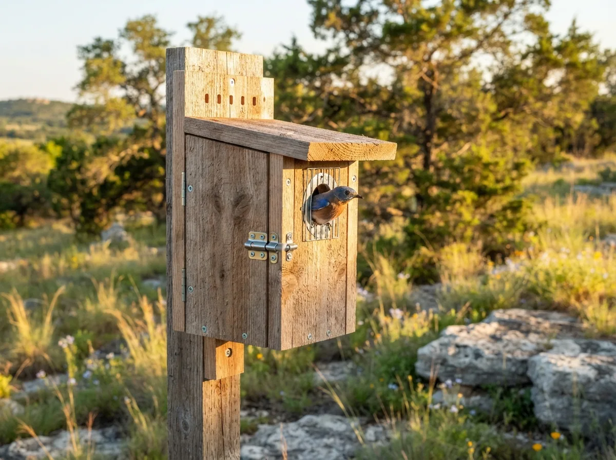 Plateau Classic Bluebird / Chickadee Nest Box installed on a Texas Hill Country property