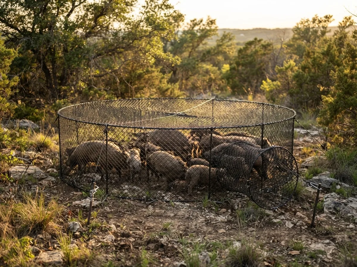 Pig Brig Feral Hog Netting Trap System installed on a Texas Hill Country property