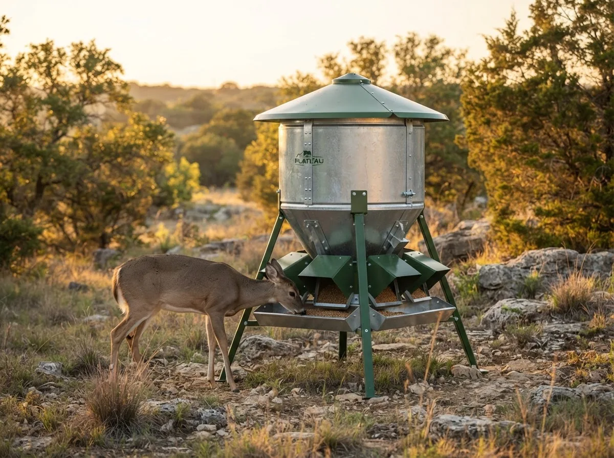 Plateau 1,000-lb Free-Choice Protein Feeder installed on a Texas Hill Country property