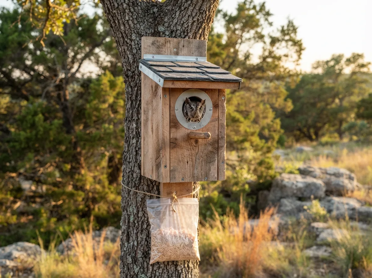 The Owl Shack Screech Owl & Kestrel Box installed on a Texas Hill Country property