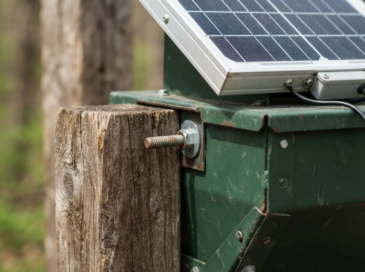 Close-up of the materials and construction of the Plateau 600-lb Solar Timed Broadcast Feeder