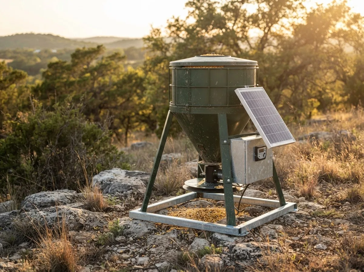 Plateau 600-lb Solar Timed Broadcast Feeder installed on a Texas Hill Country property