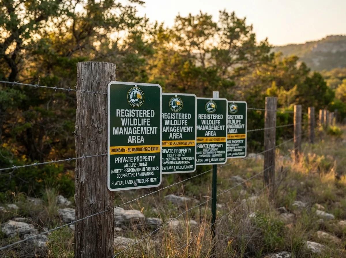 Plateau Wildlife Stewardship Boundary Signs (Pack of 10) installed on a Texas Hill Country property